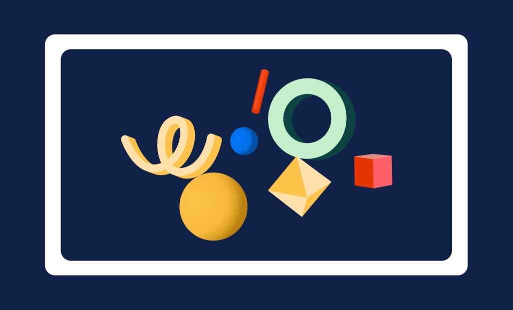 Six 3D shapes—sphere, cube, pyramid, torus, curl, and cylinder—arranged inside a white rectangle on navy background.