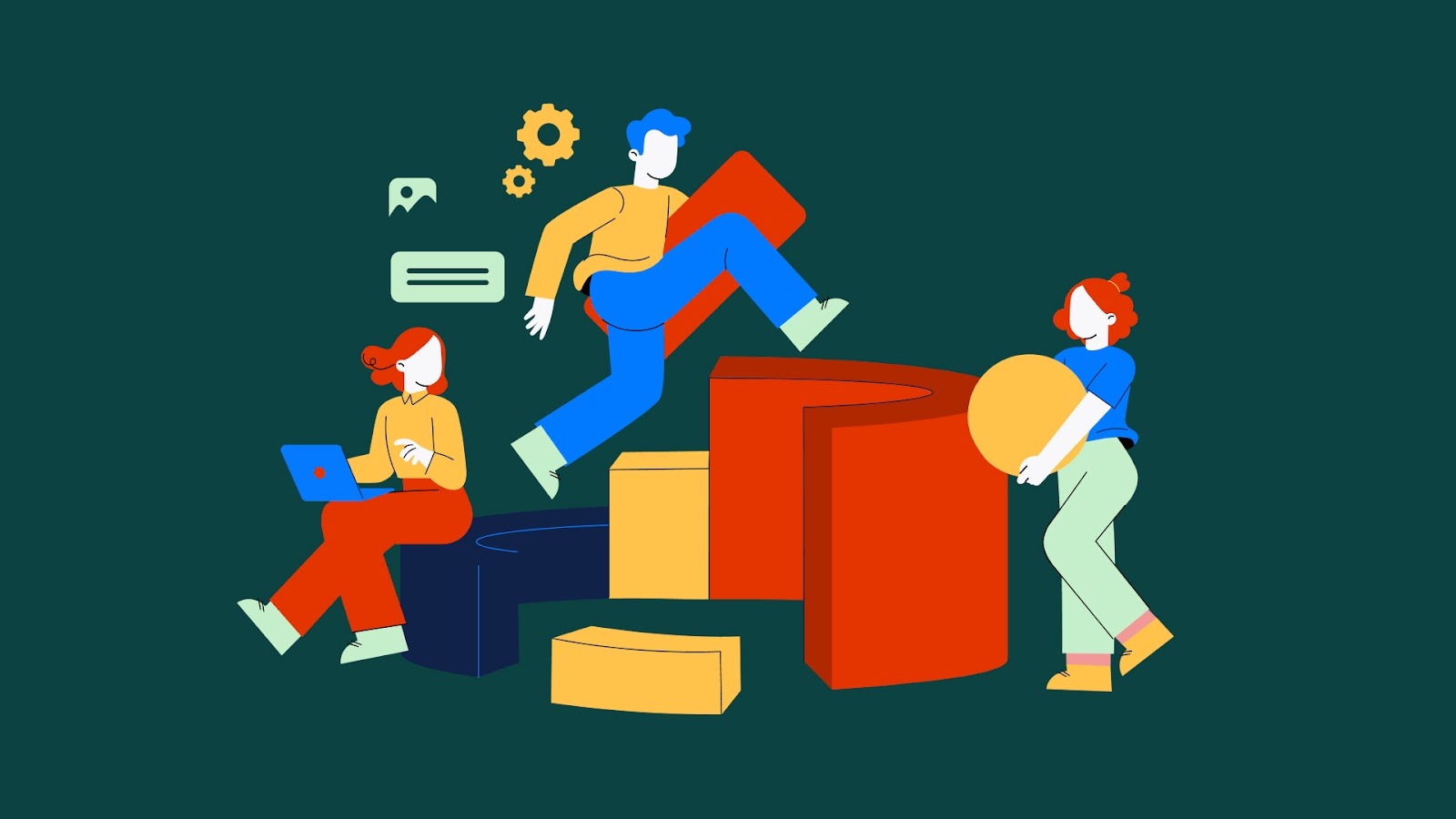 Three people collaborating with charts, laptop, and speech bubbles on a dark green background.