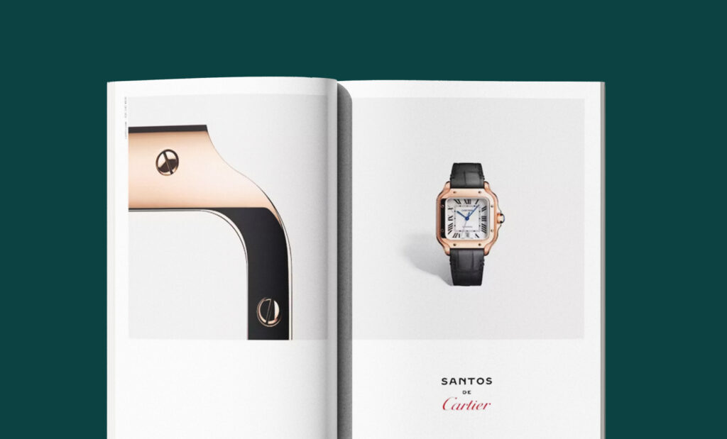 Cartier magazine spread using wide negative space around Santos watch.