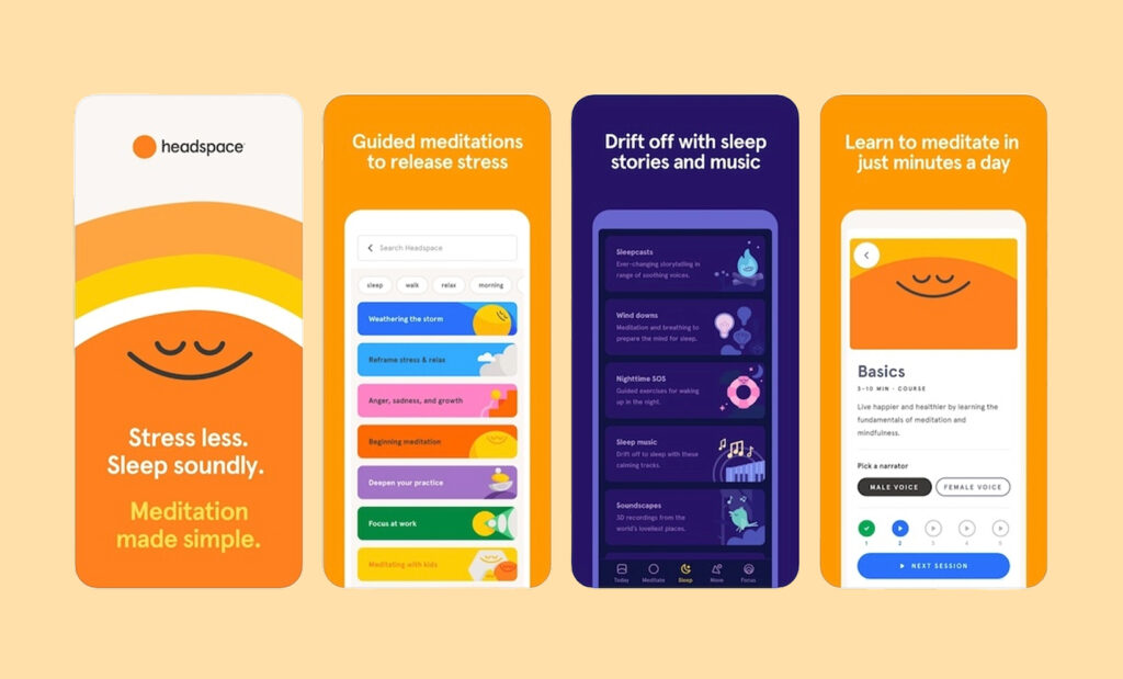 Headspace app screens using generous negative space and bold, calming colors.