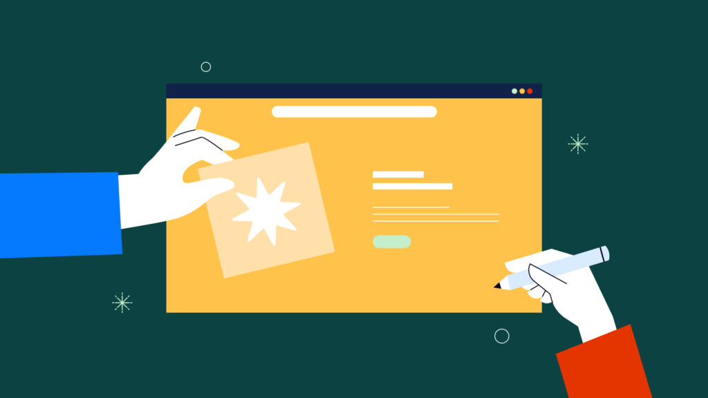 Illustration of hands designing a website interface with a star graphic and pen.