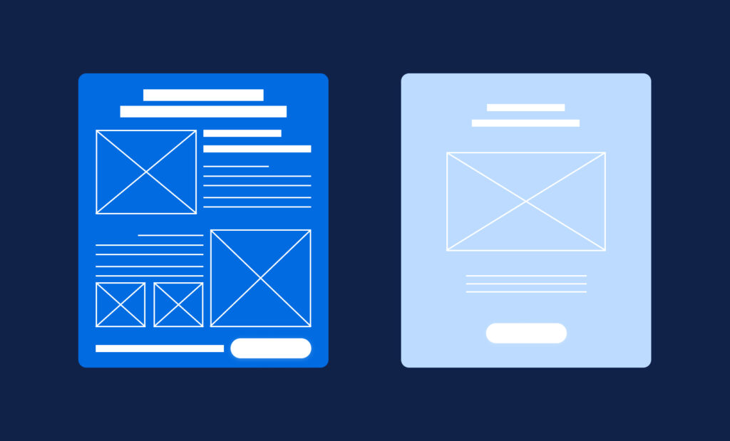 Comparison of two website wireframes: left is cluttered with dense content, right uses ample whitespace for focus.