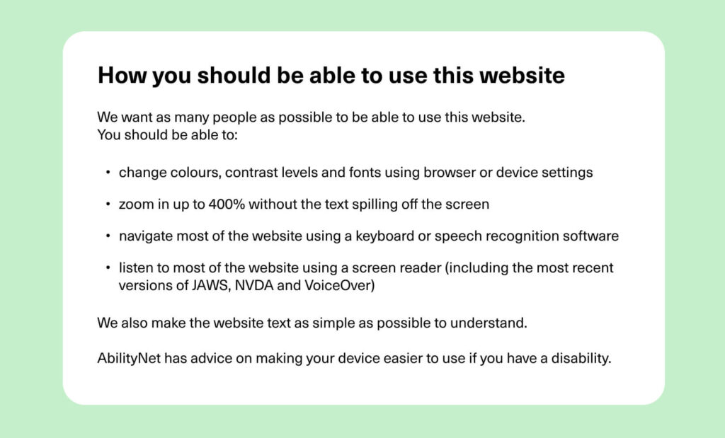 Gov.uk accessibility statement listing ways users can use the website.