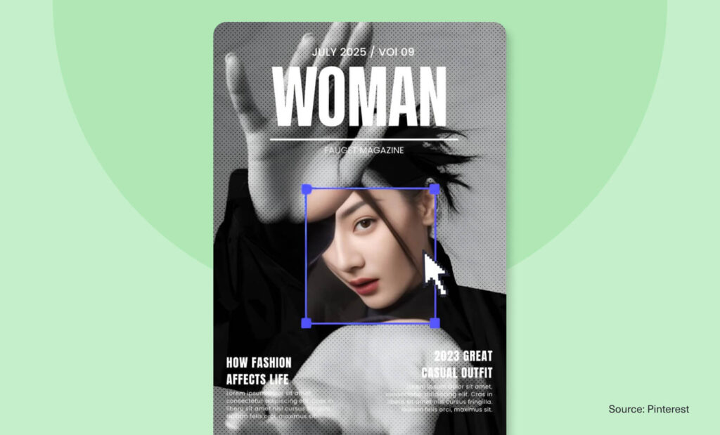 Magazine cover emphasizing model’s face, showing visual hierarchy via size and contrast.