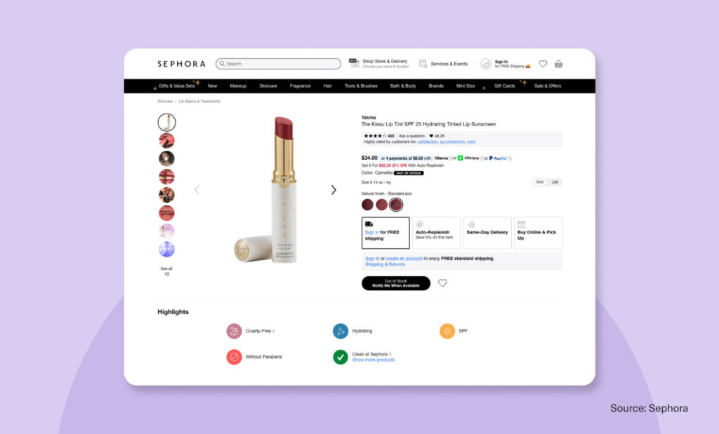 Sephora product page with large lipstick image, price and Add to Basket CTA emphasized.