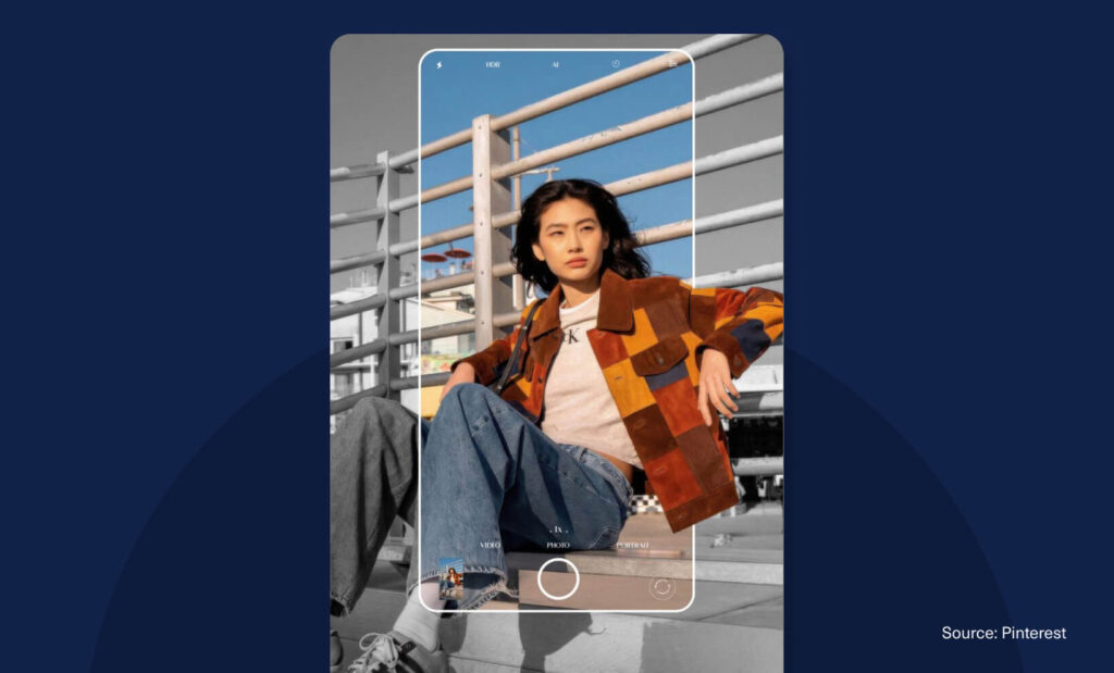 Photo of woman framed by smartphone UI, focus centered on subject against rails.