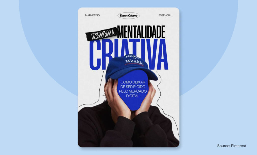 Poster with huge blue “CRIATIVA” text over person in cap, showing hierarchy.