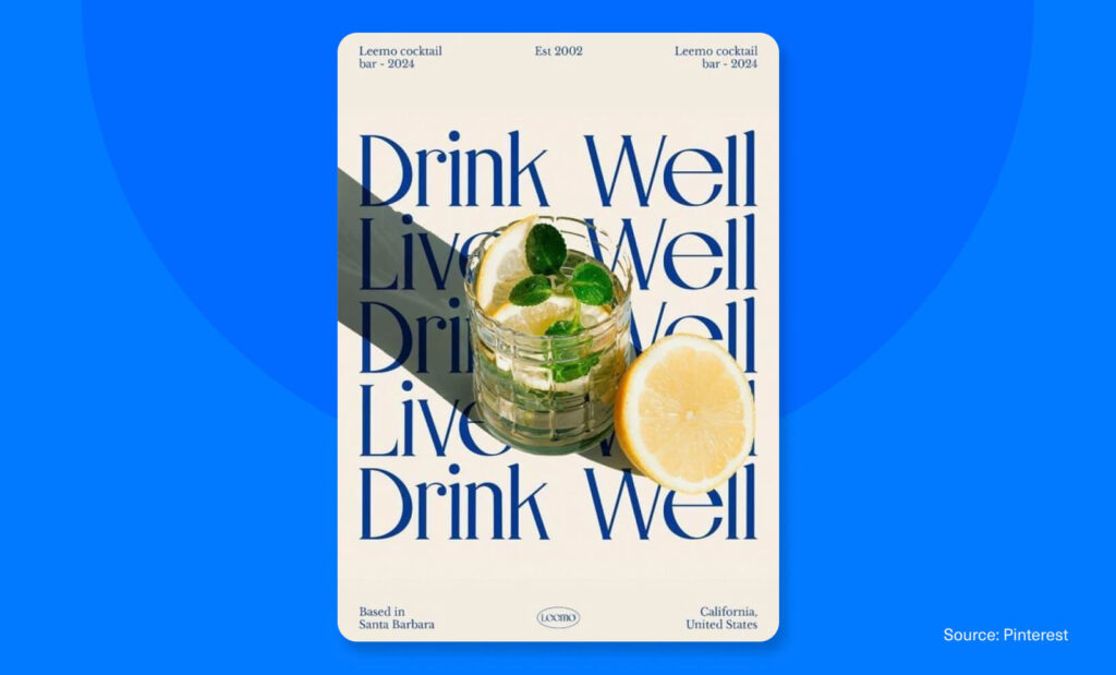 Cocktail poster with repeated “Drink Well Live Well” text behind a lime-lemon glass.