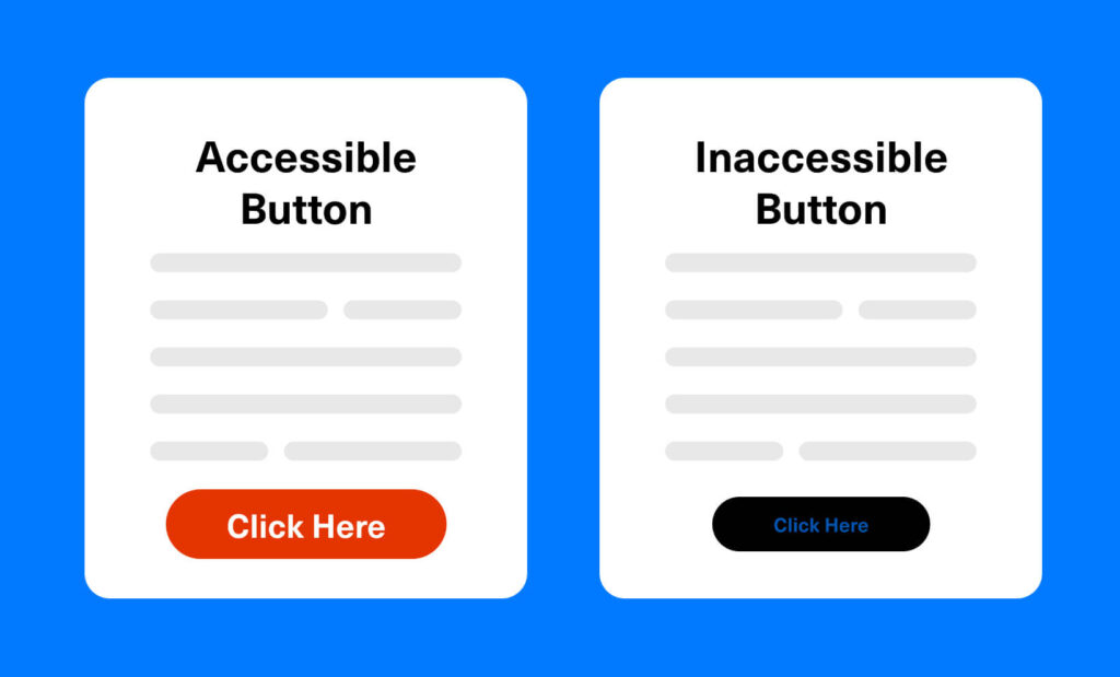 Comparison of accessible vs inaccessible buttons showing good and poor color contrast
