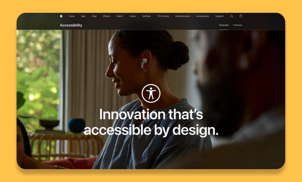 Apple Accessibility page hero: woman with AirPods and headline text