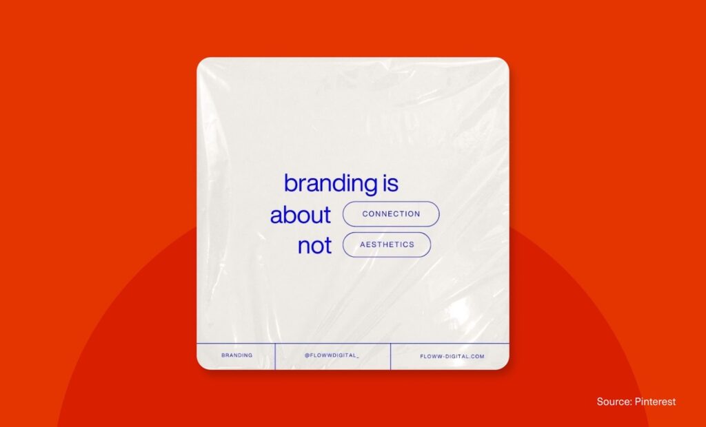 Minimal quote card on red: “branding is about connection, not aesthetics.”