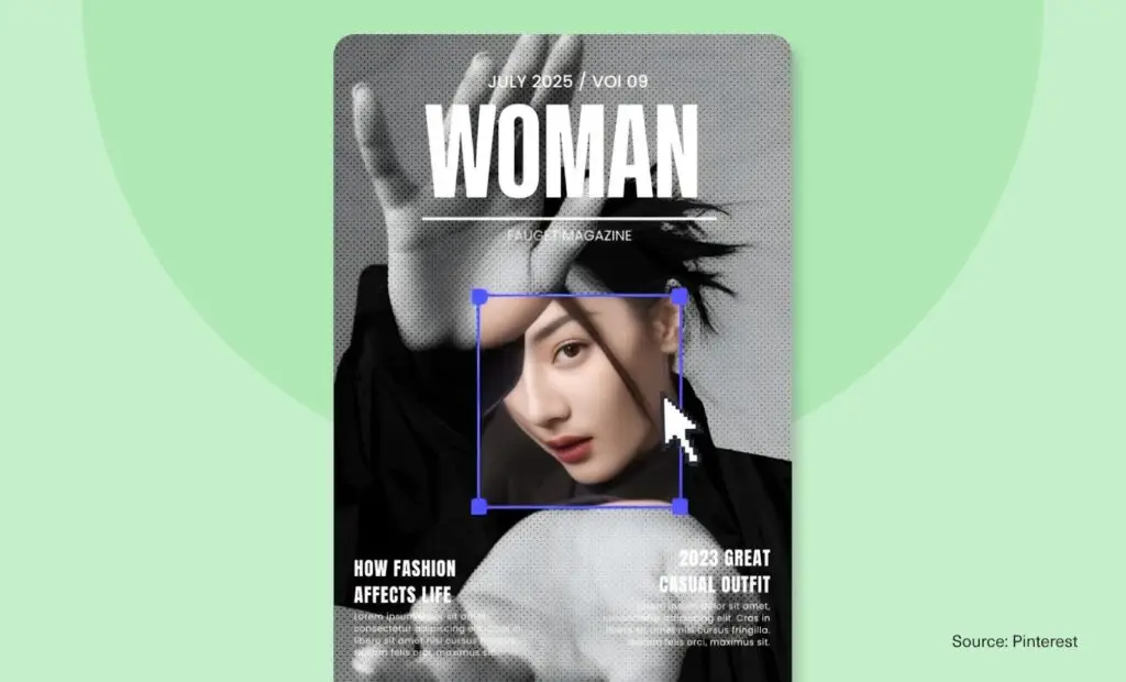 Magazine cover emphasizing model’s face, showing visual hierarchy via size and contrast.