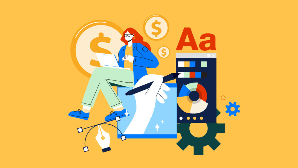Illustration of a person using a laptop surrounded by design tools, color palettes, and dollar signs.
