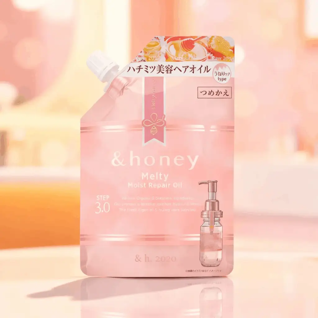 Refill pouch of & honey Melty Moist Repair Oil with spout, pink packaging on soft background design.