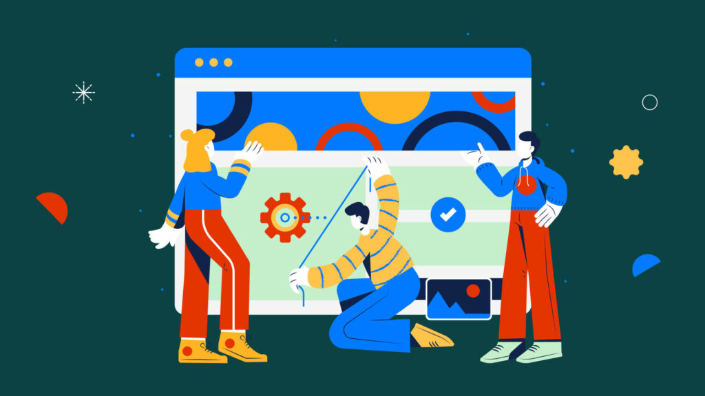 Illustration of three people collaborating on a large website interface with colorful design elements.