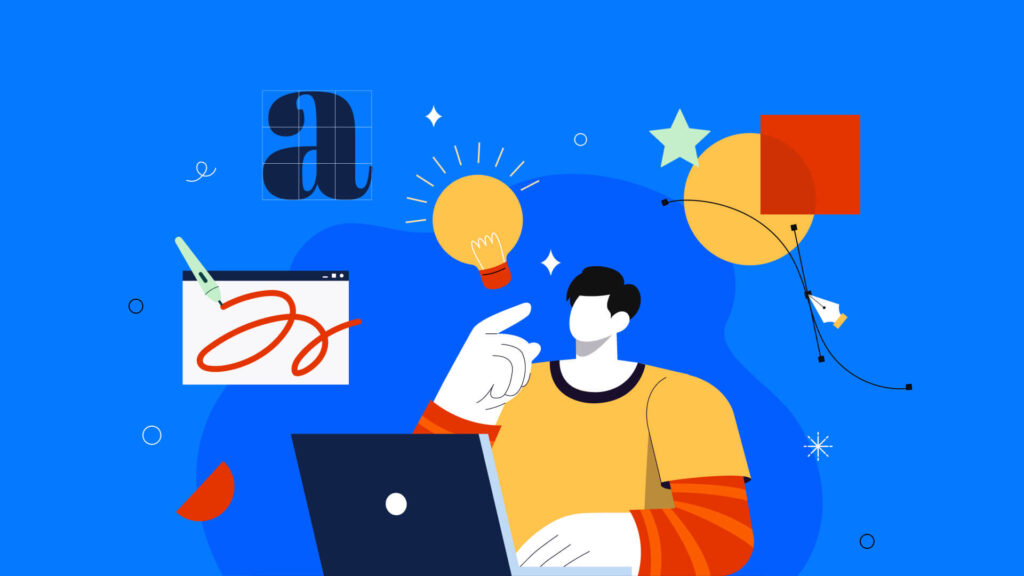 Graphic design illustration showing a designer working on a laptop with creative icons, typography, and visual elements representing design concepts.