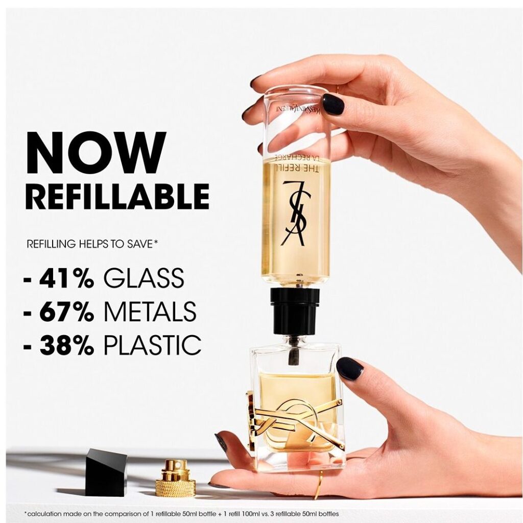 Hands assembling refillable perfume bottle showing sustainability savings in glass metals plastic.