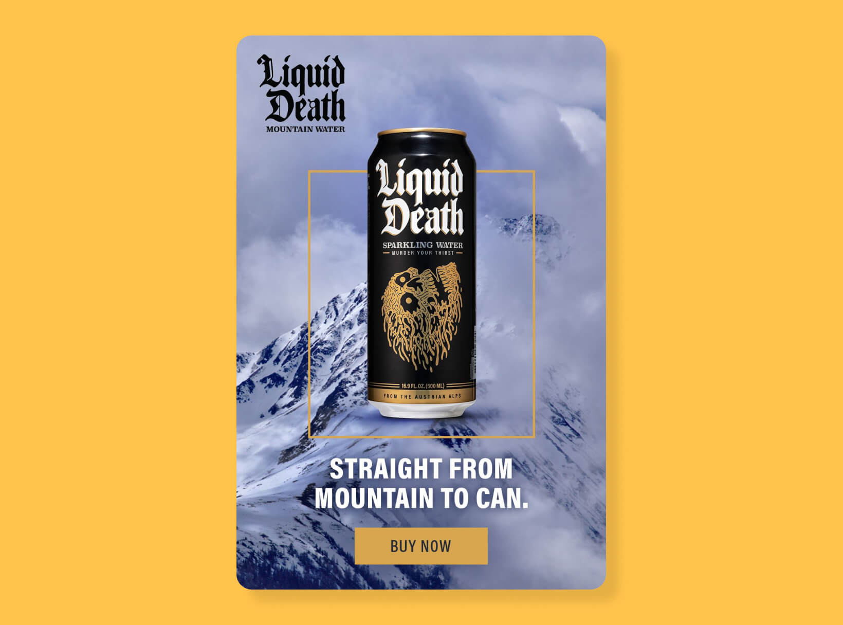 Liquid Death sparkling water advertising visual featuring a black can with gothic typography and a mountain backdrop.