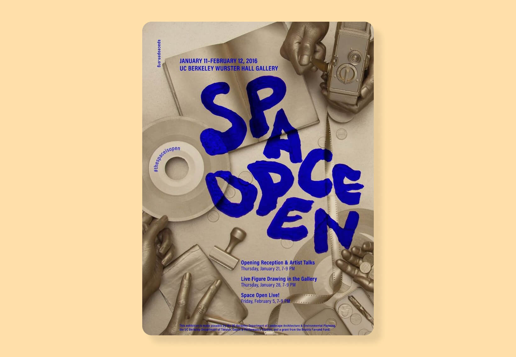 Space Open art exhibition poster with expressive blue typography overlaid on vintage photography tools, promoting a creative gallery show at UC Berkeley.