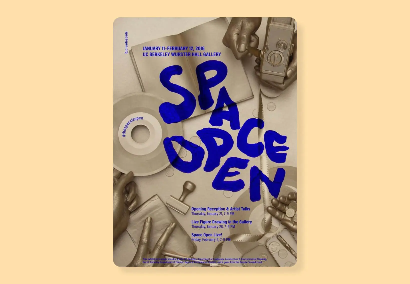 Space Open art exhibition poster with expressive blue typography overlaid on vintage photography tools, promoting a creative gallery show at UC Berkeley.