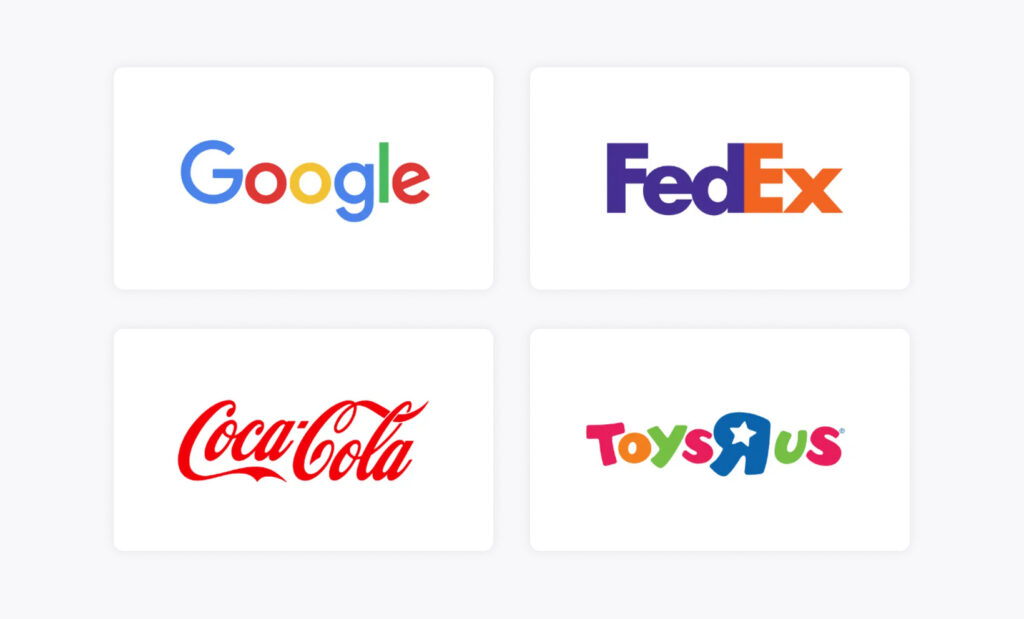 Examples of brand logo wordmarks like Google, FedEx, Coca-Cola, and Toys R Us.