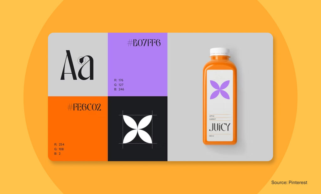 Brand identity mood board showing logo, typography, color palette, and product packaging design.