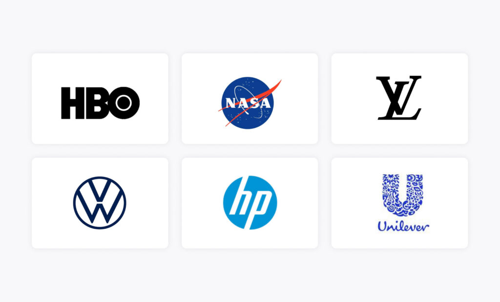 Examples of lettermark logos from brands like HBO, NASA, Louis Vuitton, VW, HP, and Unilever.