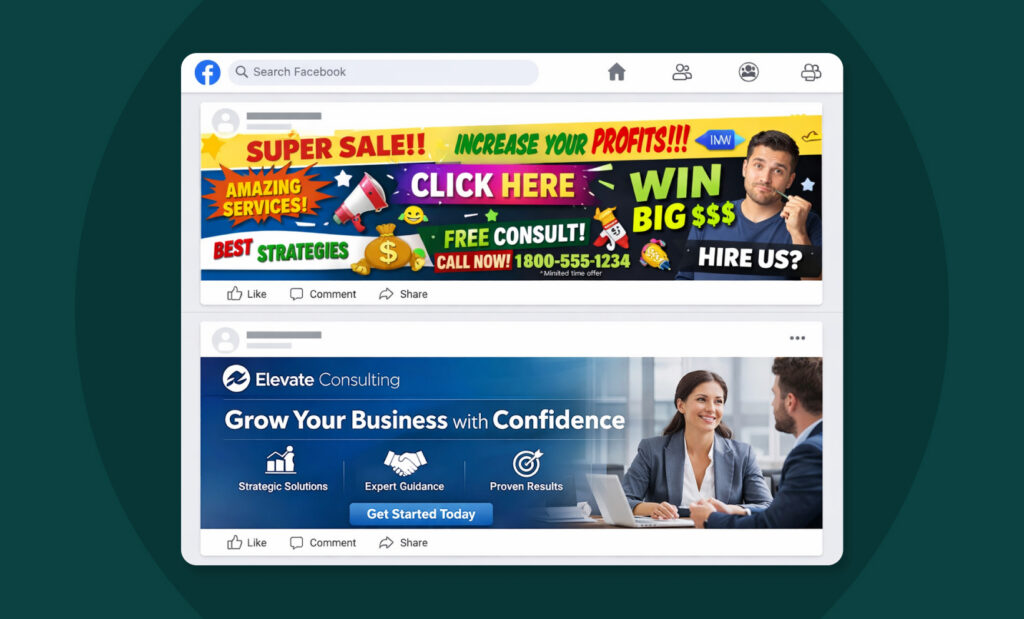 Comparison of cluttered vs clean Facebook ads, highlighting brand identity and visual branding strategy.