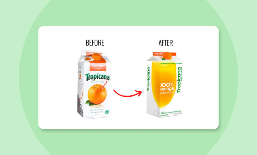 Before and after Tropicana packaging redesign showing brand identity change and its impact on brand image.