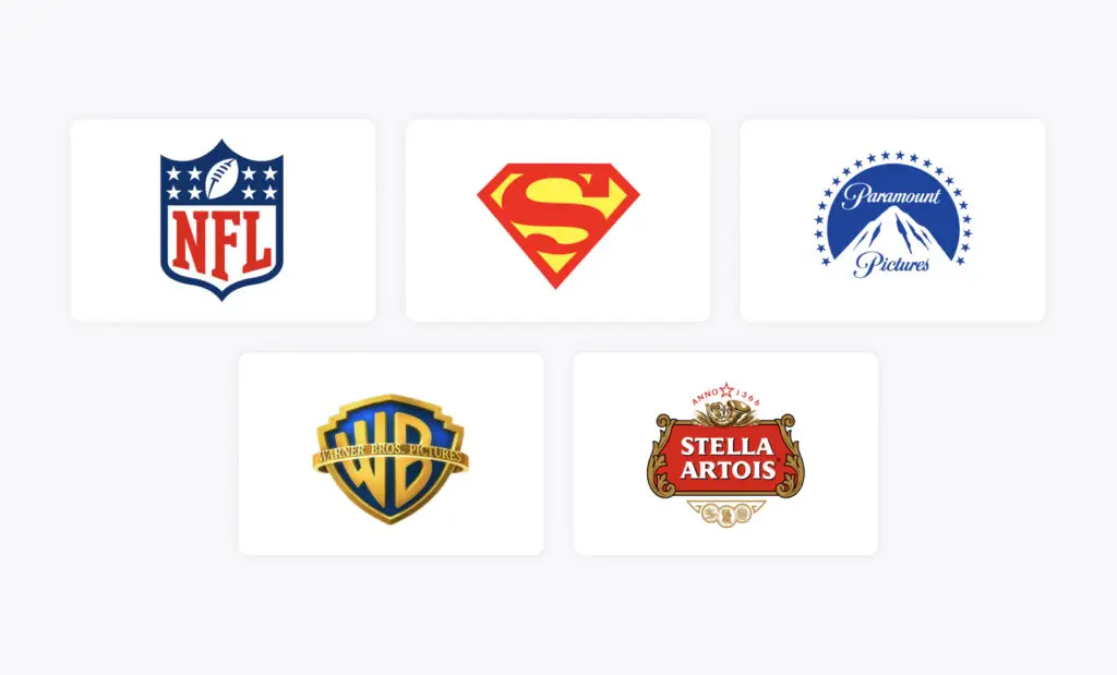 Examples of emblem logos used in brand identity, including NFL, Superman, Paramount, Warner Bros, and Stella Artois.