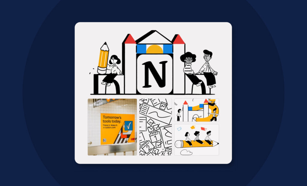 Notion brand identity details showing logo, illustrations, typography, and visual system elements.