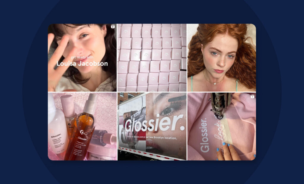 Glossier’s cohesive visual identity across social posts, product photography, and brand image.