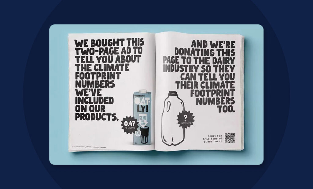 Oatly brand identity using bold typography and transparent messaging to shape brand image and strategy.
