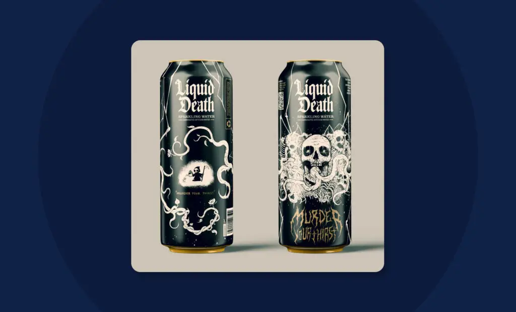 Liquid Death packaging showcasing bold, edgy brand identity that turns water into a lifestyle brand.