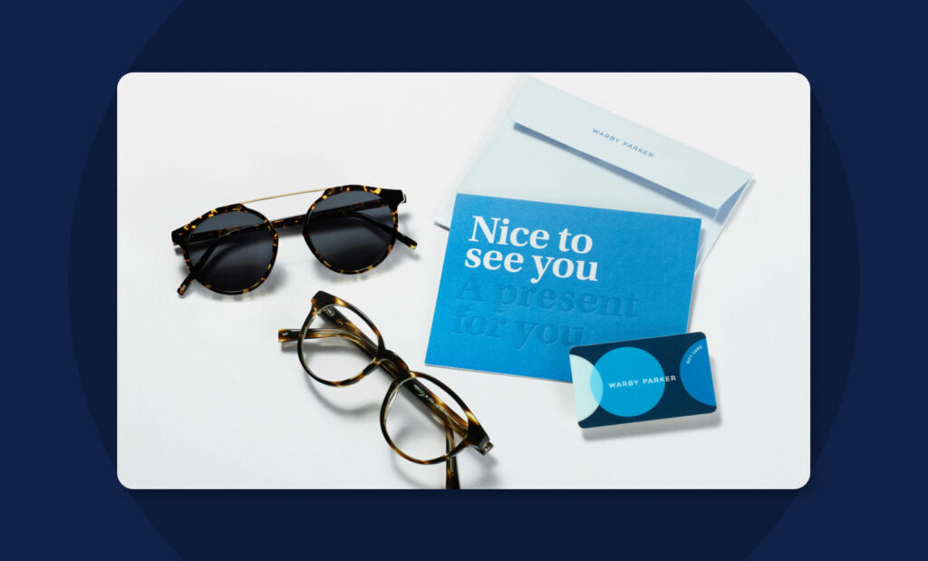 Warby Parker brand identity with eyewear, packaging, and consistent premium yet approachable design.