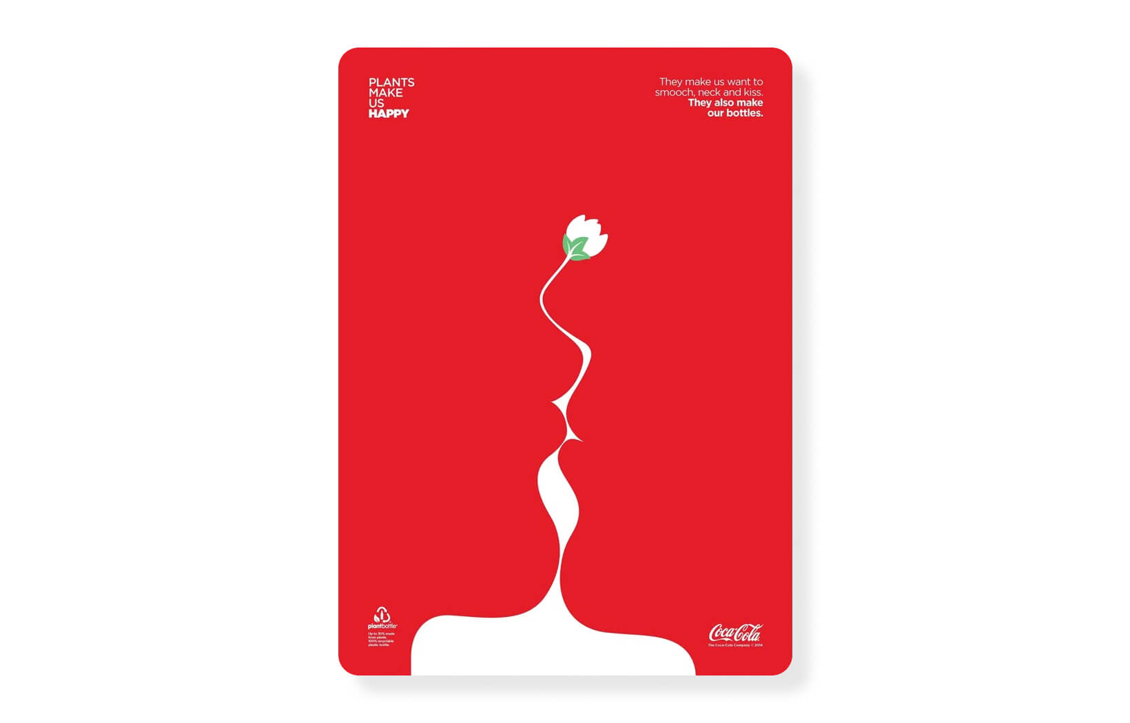 Coca-Cola sustainability campaign poster with bold red background, plant-inspired silhouette, and message about plant-based bottles.