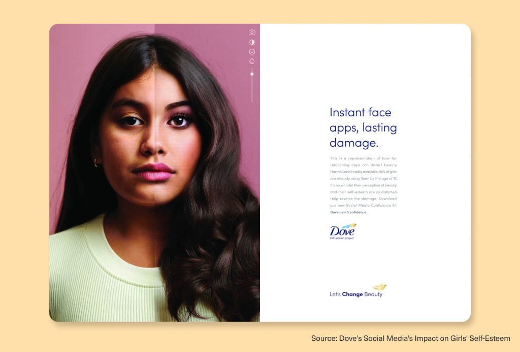 Dove self-esteem campaign ad showing a split portrait of a young woman highlighting the impact of face retouching apps on girls’ self-esteem