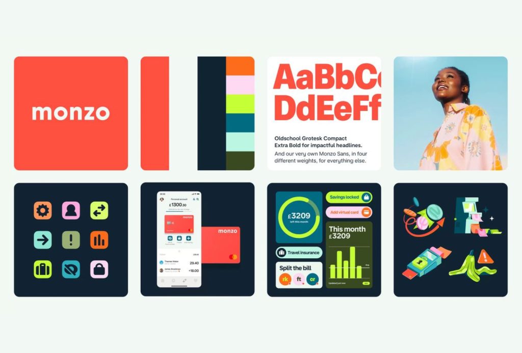 Monzo brand design example featuring playful colors, bold typography, mobile banking app screens, and friendly visual branding