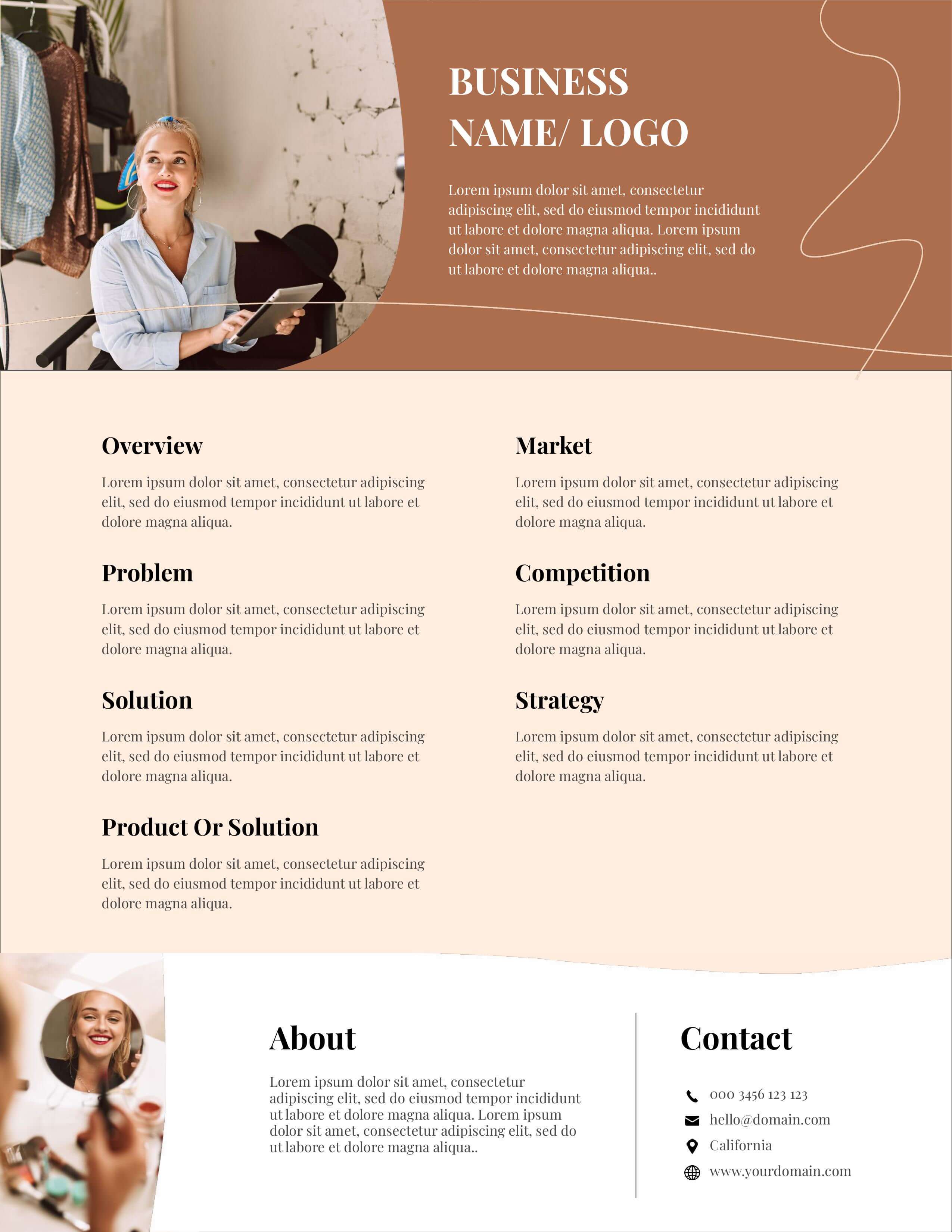 Beauty brand one-pager template with editorial portrait, business overview, market and competition sections, and contact details