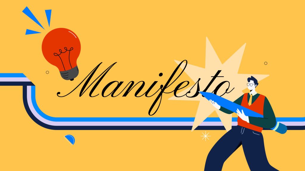 Illustration of a brand manifesto concept with a light bulb, pencil, and handwritten manifesto text on a yellow background