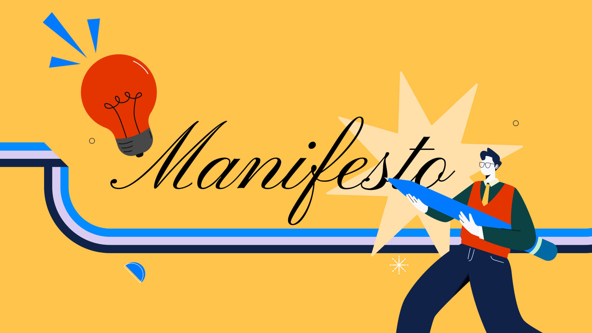 Illustration of a brand manifesto concept with a light bulb, pencil, and handwritten manifesto text on a yellow background