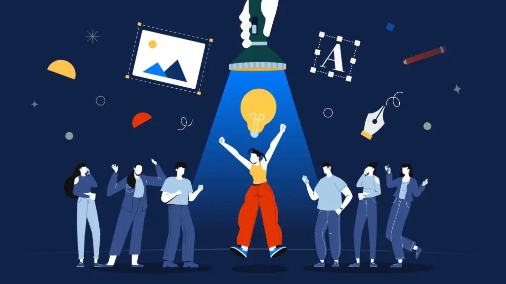 Creative illustration of a person under a spotlight with design elements around them, representing brand positioning and standing out in a crowded market.