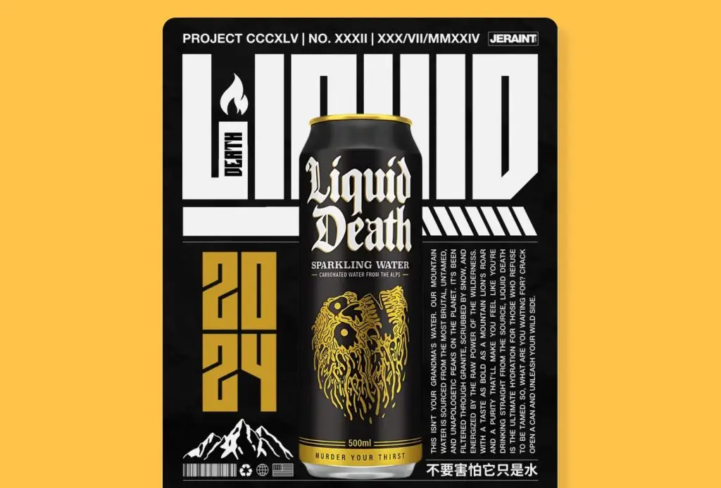 Bold beverage packaging design poster featuring a Liquid Death sparkling water can with high-contrast typography and edgy brand styling