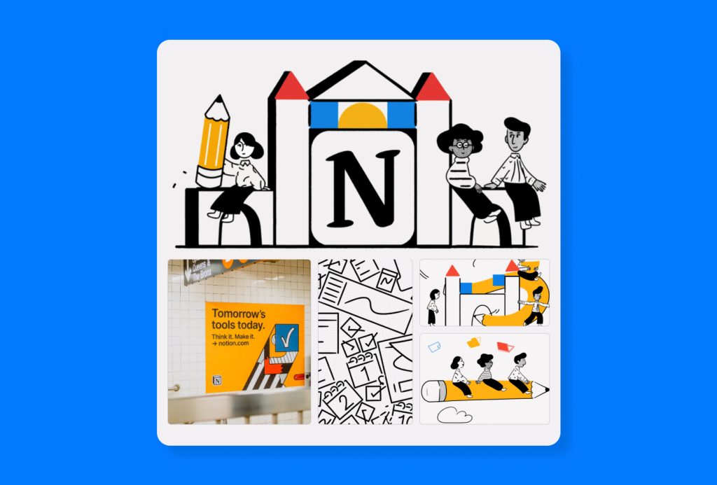 Notion brand design example showing minimalist illustration, clean layout, and simple visual storytelling in a modern tech brand