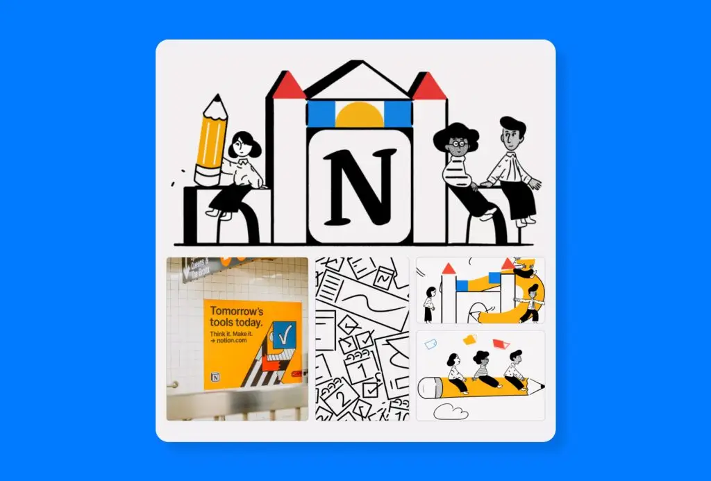 Notion brand design example showing minimalist illustration, clean layout, and simple visual storytelling in a modern tech brand