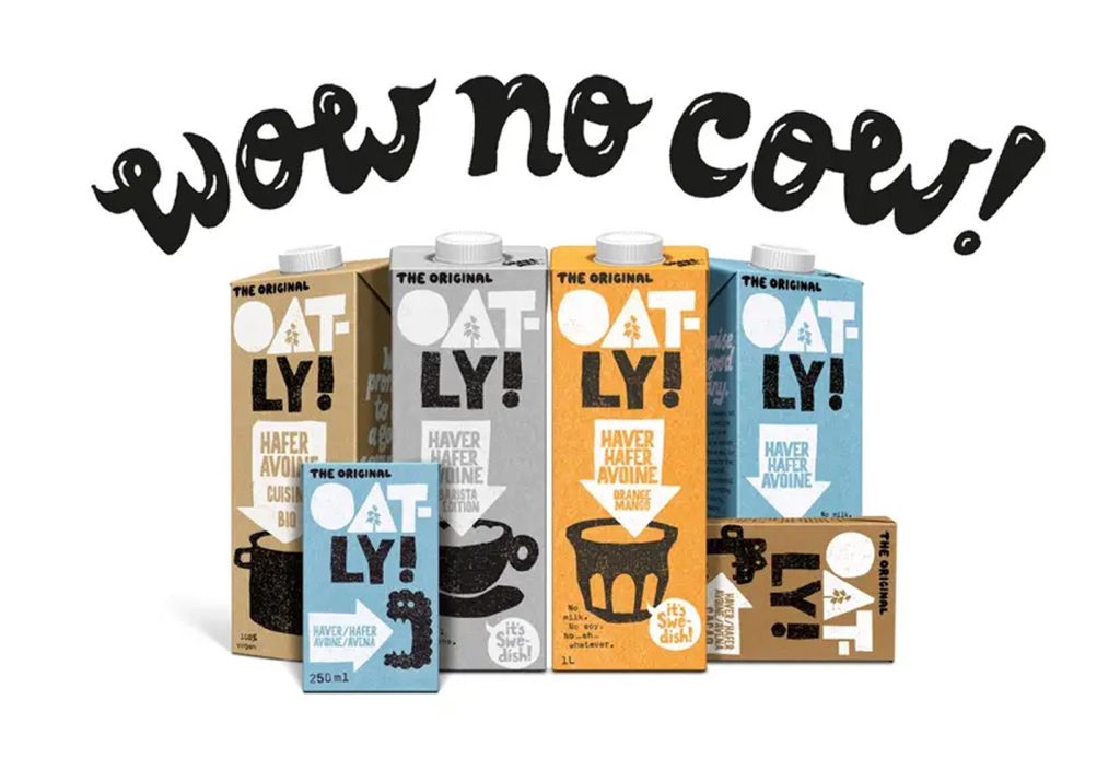 Oatly packaging design example featuring bold typography, playful brand voice, and eye-catching oat milk carton packaging