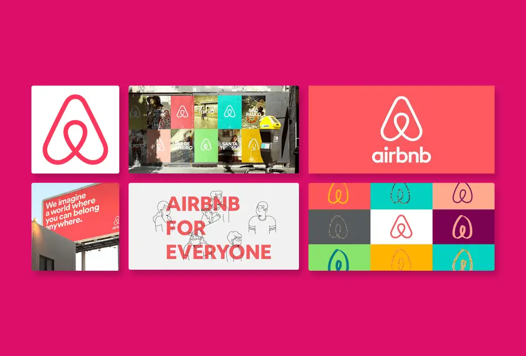Airbnb visual identity system collage showing logo variations, campaign graphics, signage, and consistent use of coral branding