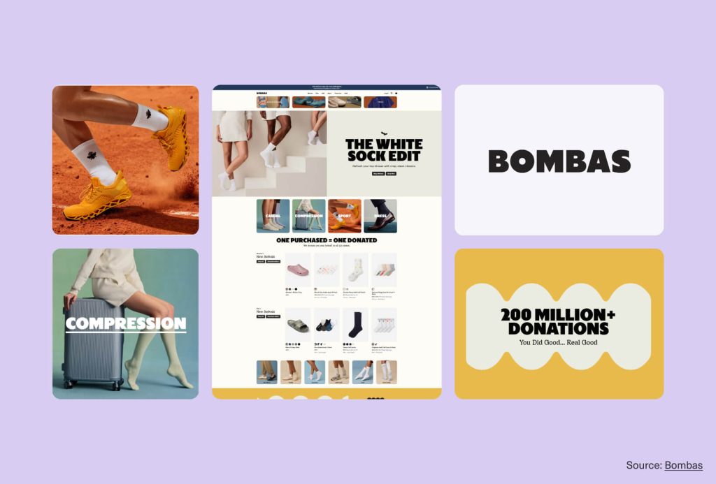 Collage of Bombas emotional branding with bold product photography, caring mission messaging, and community-driven brand design