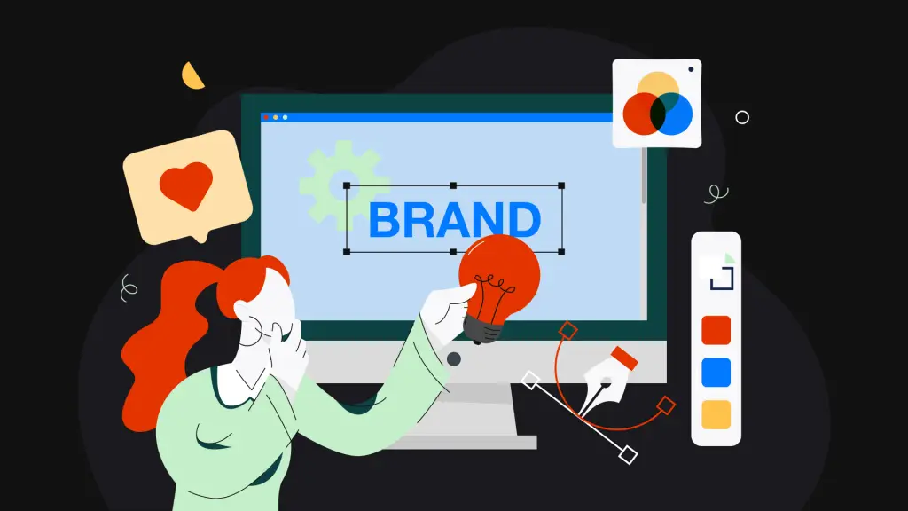 Illustration of a designer building a brand identity system to represent emotional branding through color, visuals, and creative direction