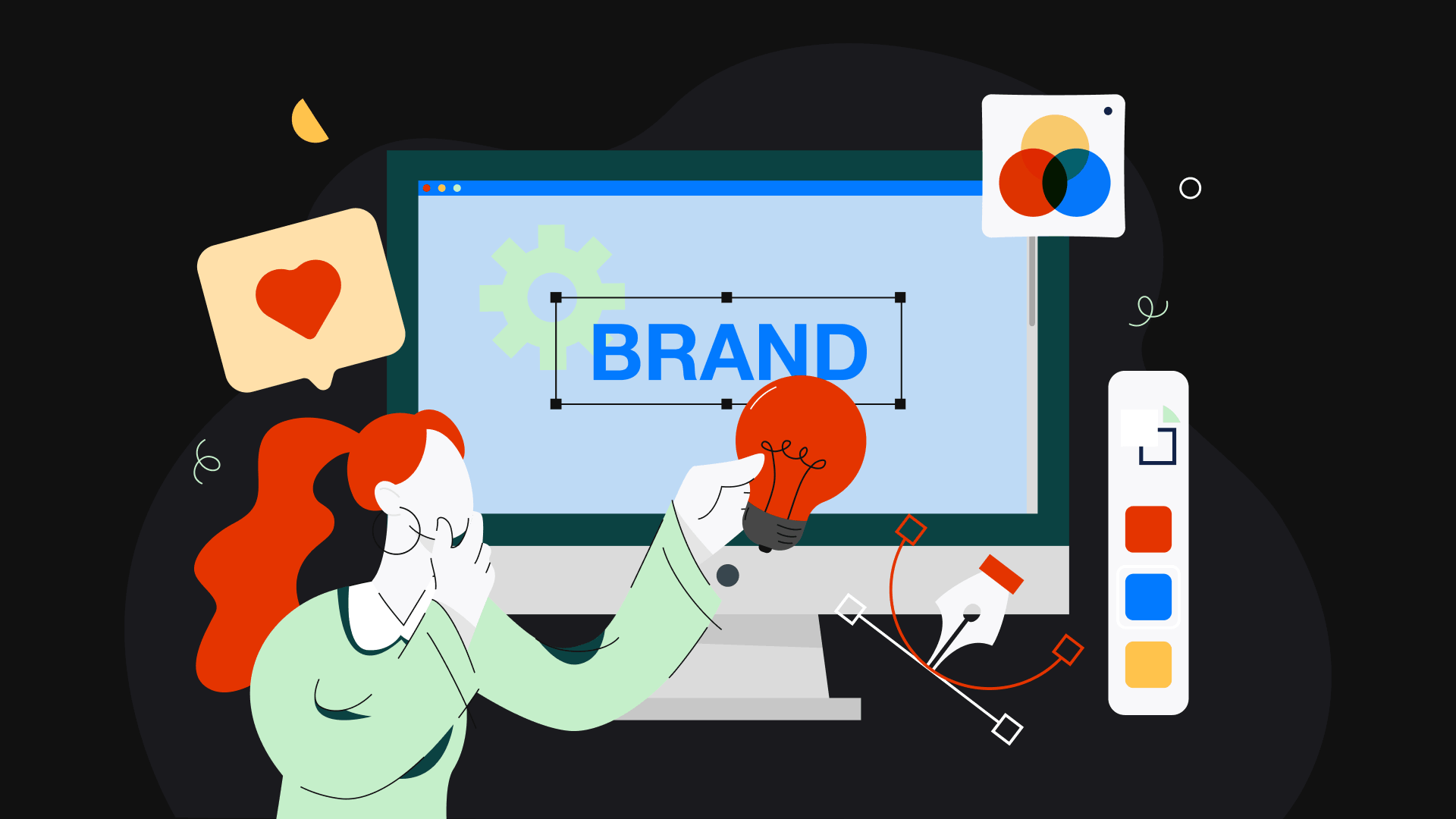 Illustration of a designer building a brand identity system to represent emotional branding through color, visuals, and creative direction